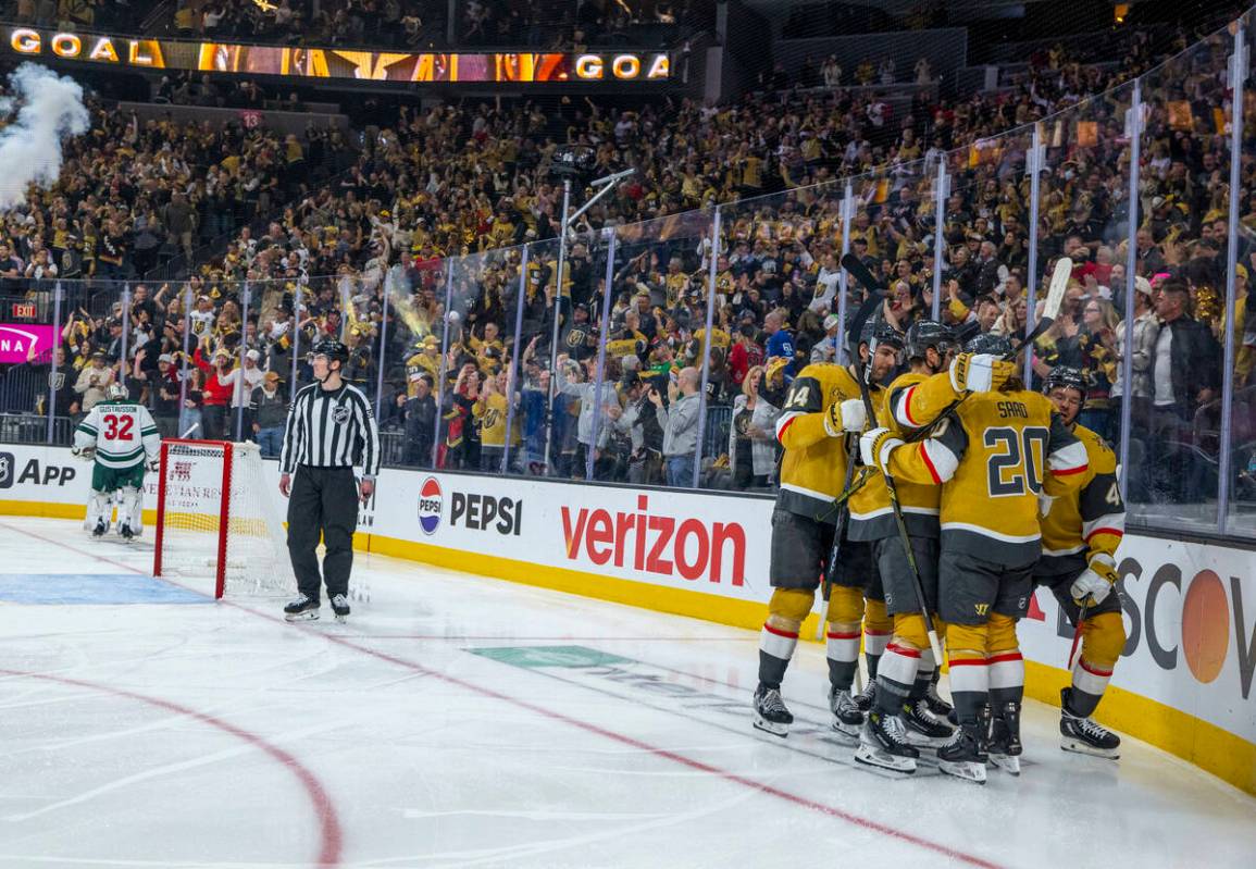 Golden Knights center Tomas Hertl (48) and teammates celebrate his goal against Minnesota Wild ...