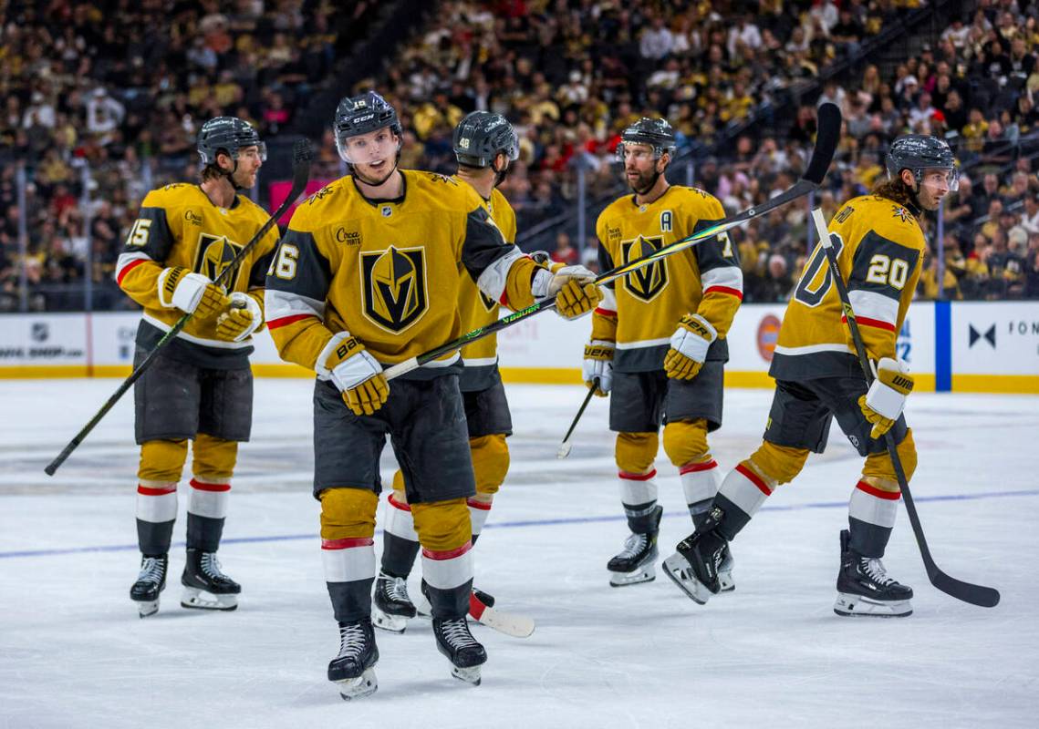 Golden Knights players area bit beat down while playing the Minnesota Wild during the third per ...