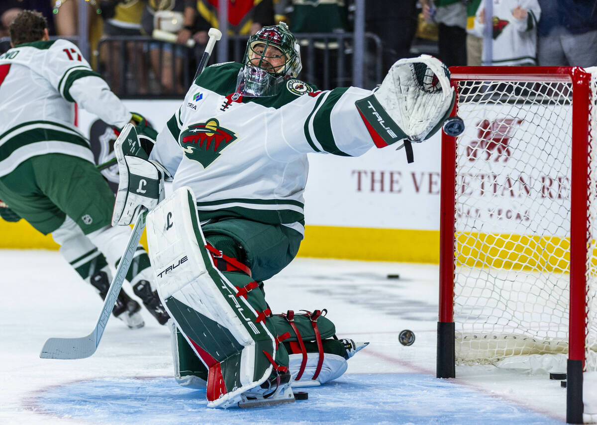 Minnesota Wild goaltender Marc-Andre Fleury (29) defends the net from a few minutes during warm ...