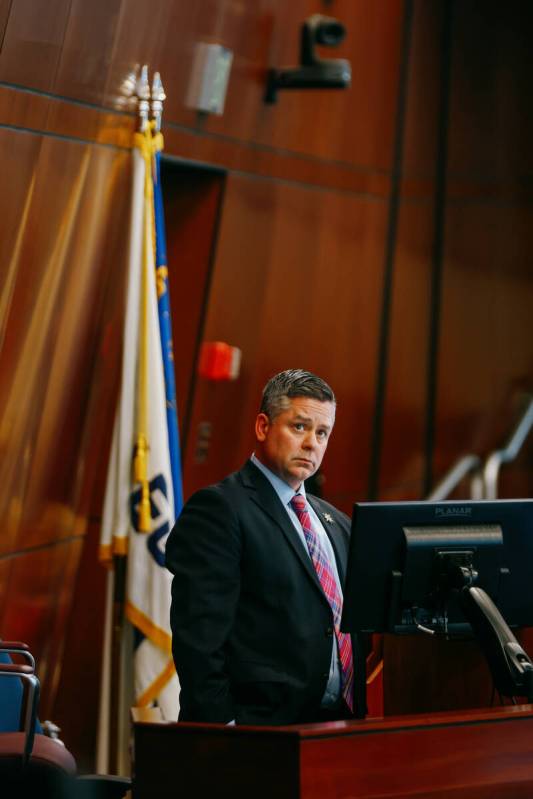 Assembly Speaker Steve Yeager, D-Las Vegas, looks up at a screen in the Nevada State Assembly c ...