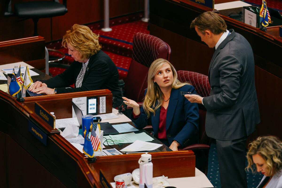 Senator Melanie Scheible, D-Las Vegas, and Senator John C. Steinbeck, R-Las Vegas, talk during ...