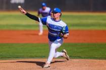 Basic pitcher Lincoln Evans (21) tosses the ball during a high school baseball game between Fai ...