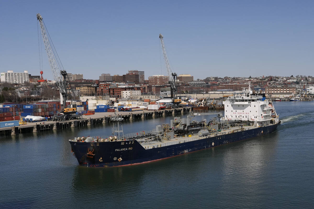 FILE - The oil tanker Palanca Rio arrives in Portland, Maine, Wednesday, April 2, 2025, after a ...