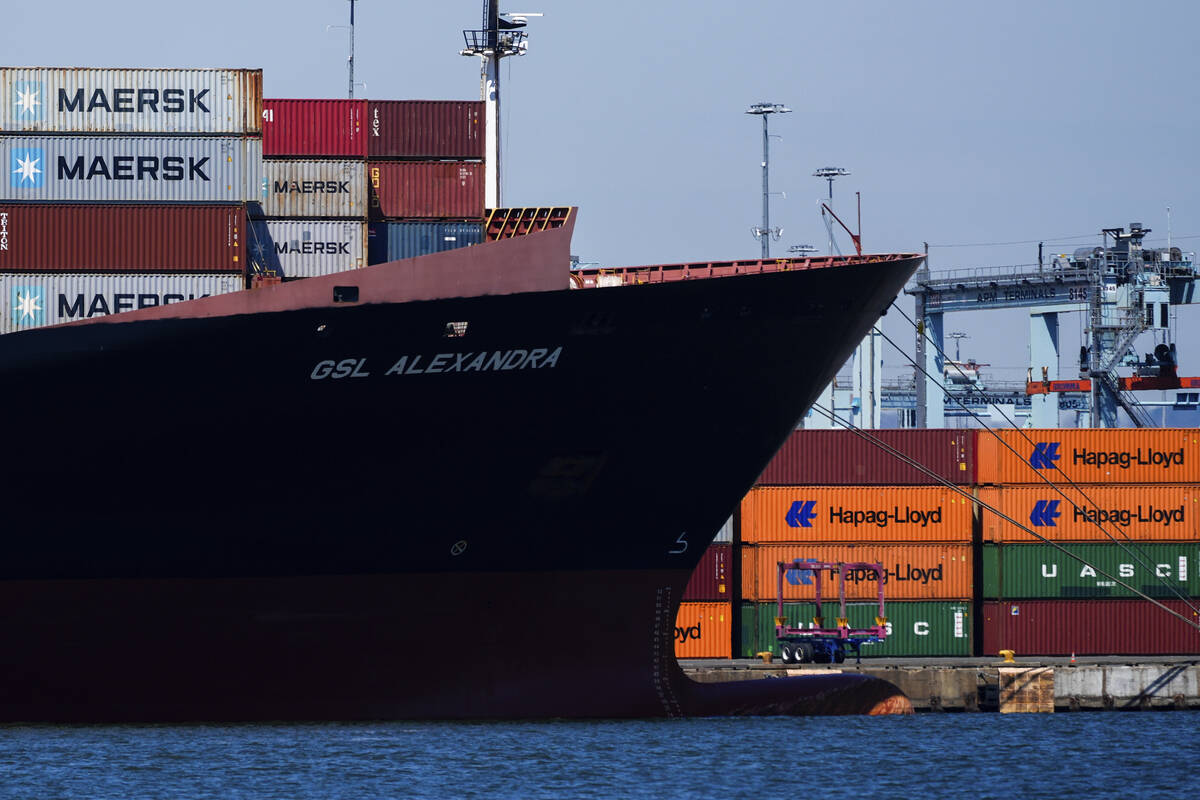 Shipping containers sit on the container ship Alexandra at the Port Newark Container Terminal, ...