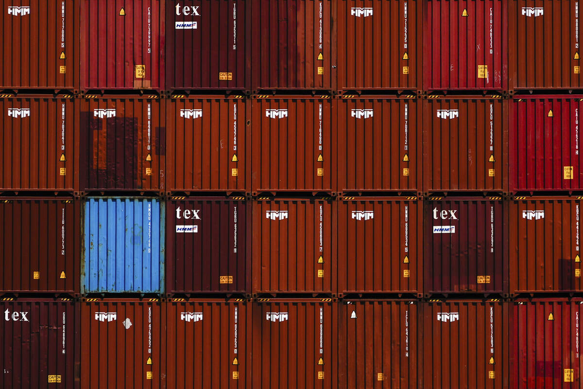 Shipping containers are seen at Port Jersey, Friday, April 18, 2025, in Jersey City, N.J. (AP P ...