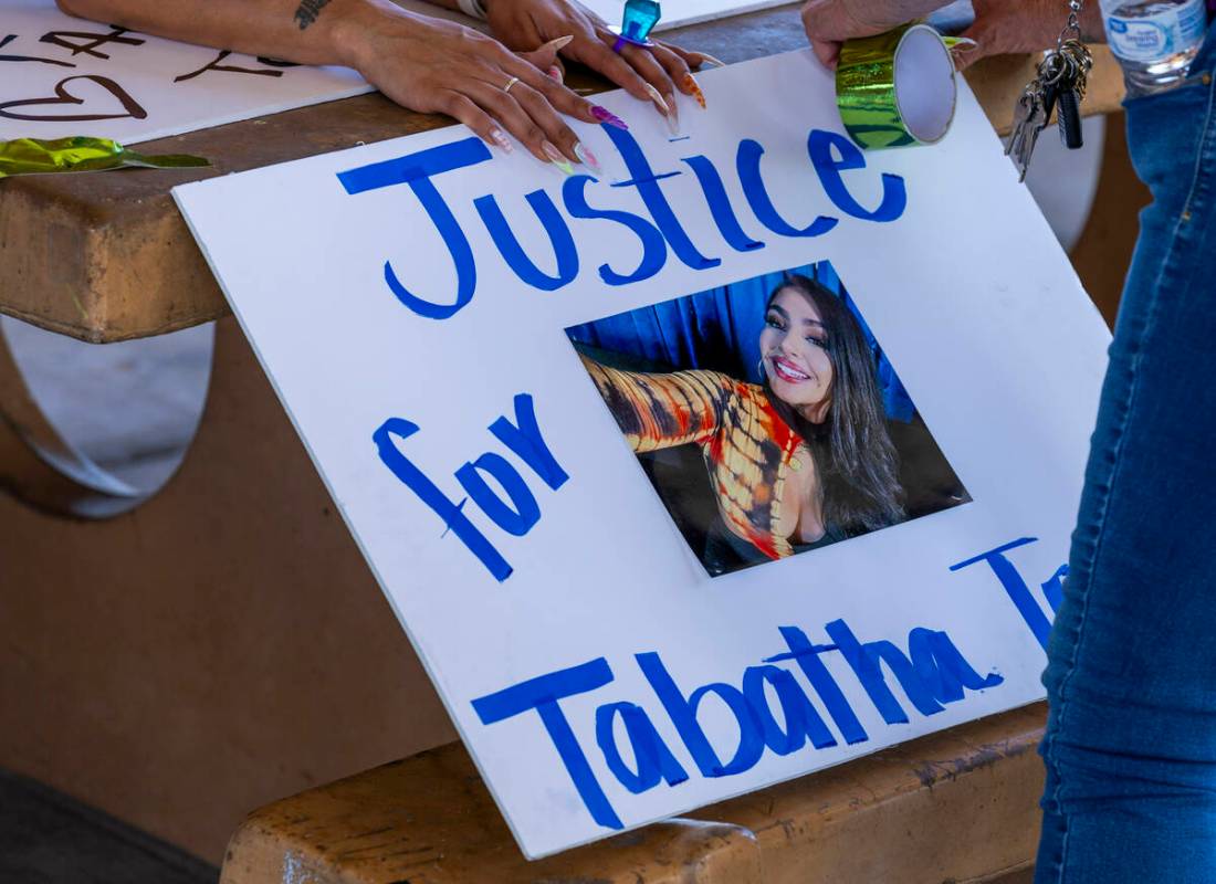 A memorial to Tabatha Tozzi is constructed for a celebration of life at Craig Ranch Regional Pa ...
