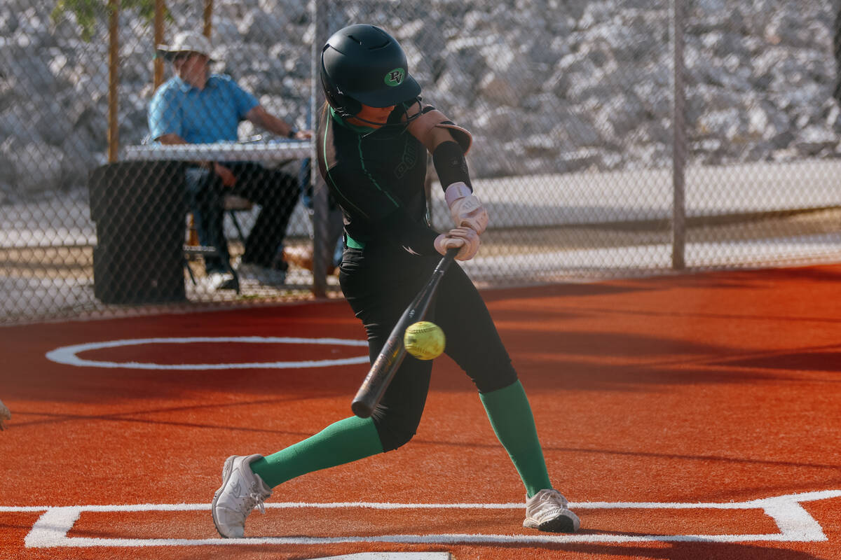 Palo Verde’s Haley Kearnes (8) hits the ball during the softball game against Centennial ...