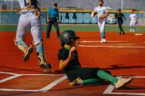 Palo Verde’s Sophia Quigley (1) slides into home plate, earning a run for the Panthers d ...