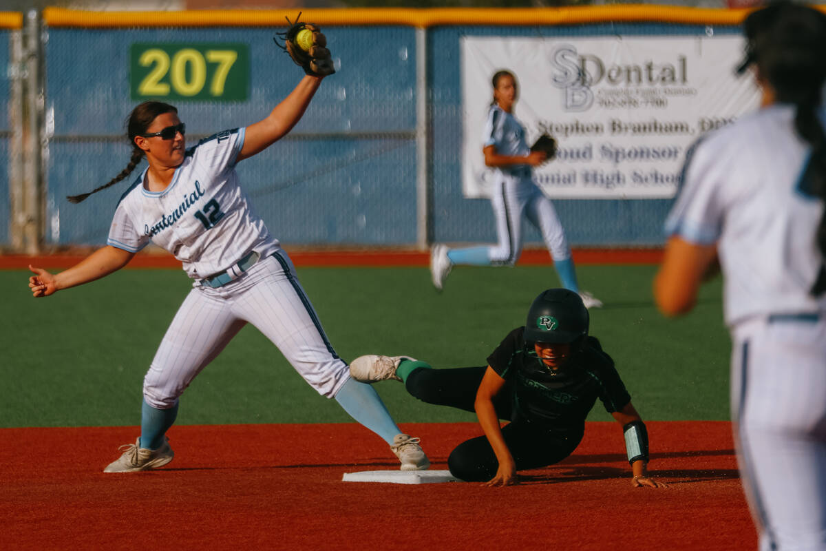 Centennial second base Campbell Cole (12) puts out Palo Verde’s Zoe Helein (4) during th ...