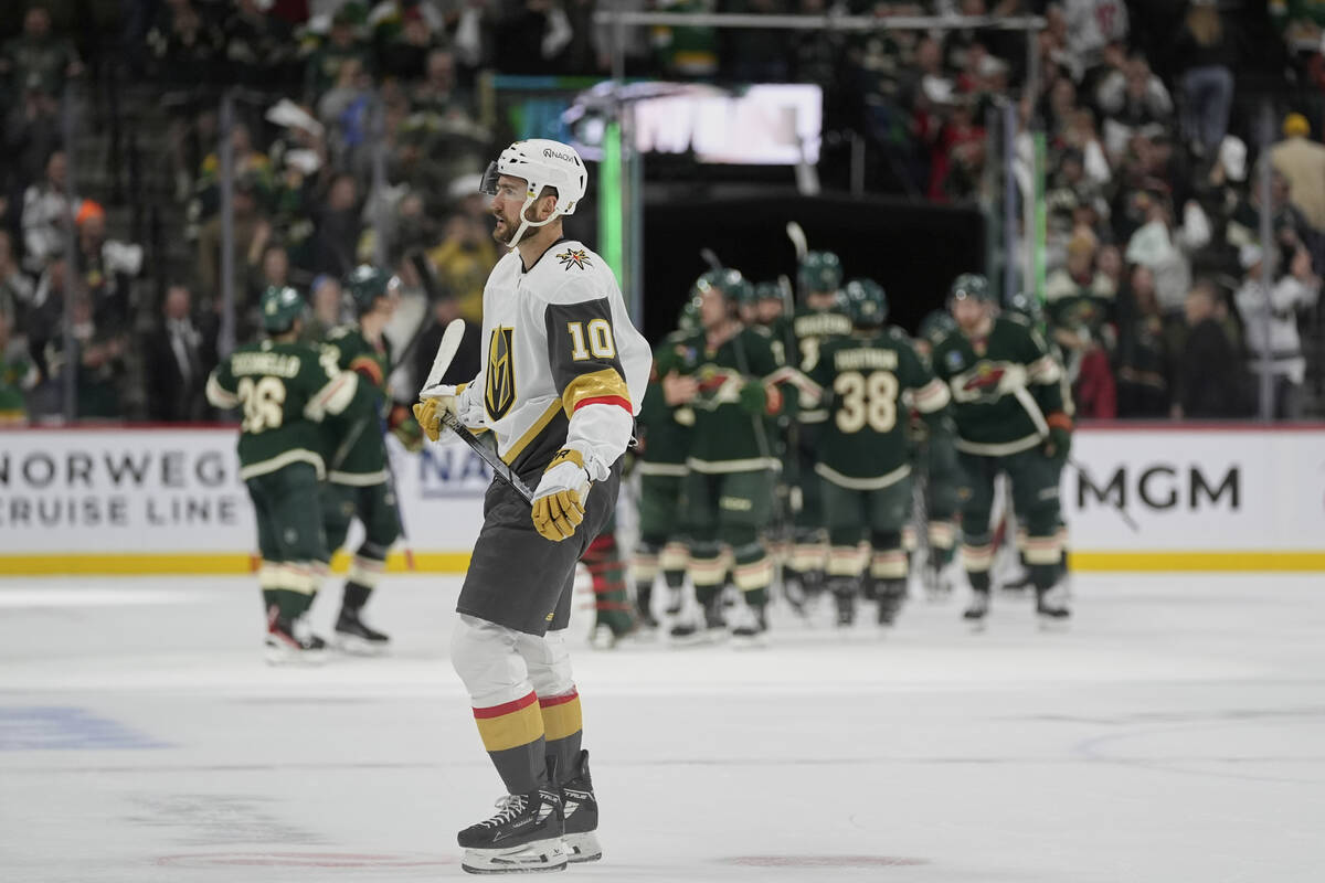 Vegas Golden Knights center Nicolas Roy (10) skates off the ice after Game 3 of a first-round N ...