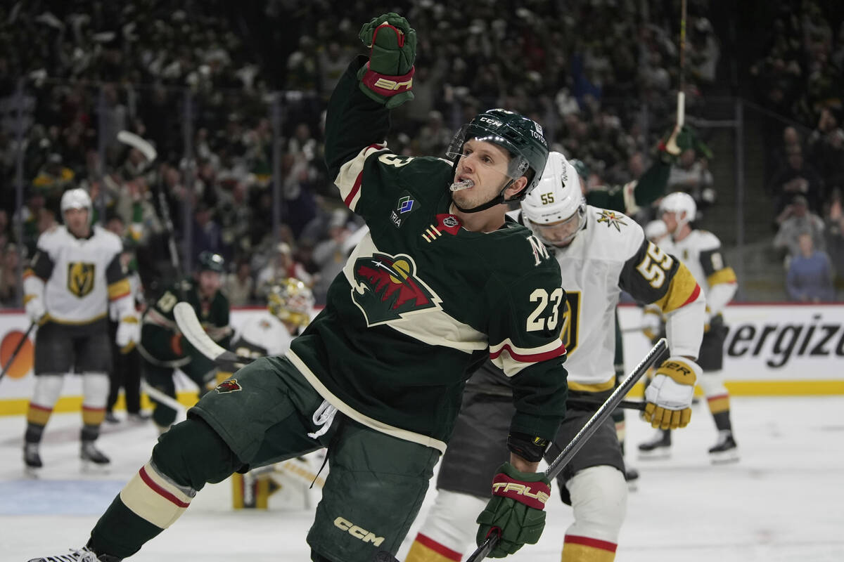 Minnesota Wild center Marco Rossi (23) celebrates after scoring during the first period of Game ...