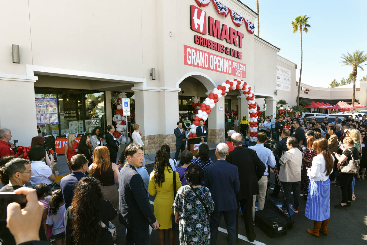 Guests listen to speakers during the grand opening of Las Vegas’ first H Mart Thursday, April ...