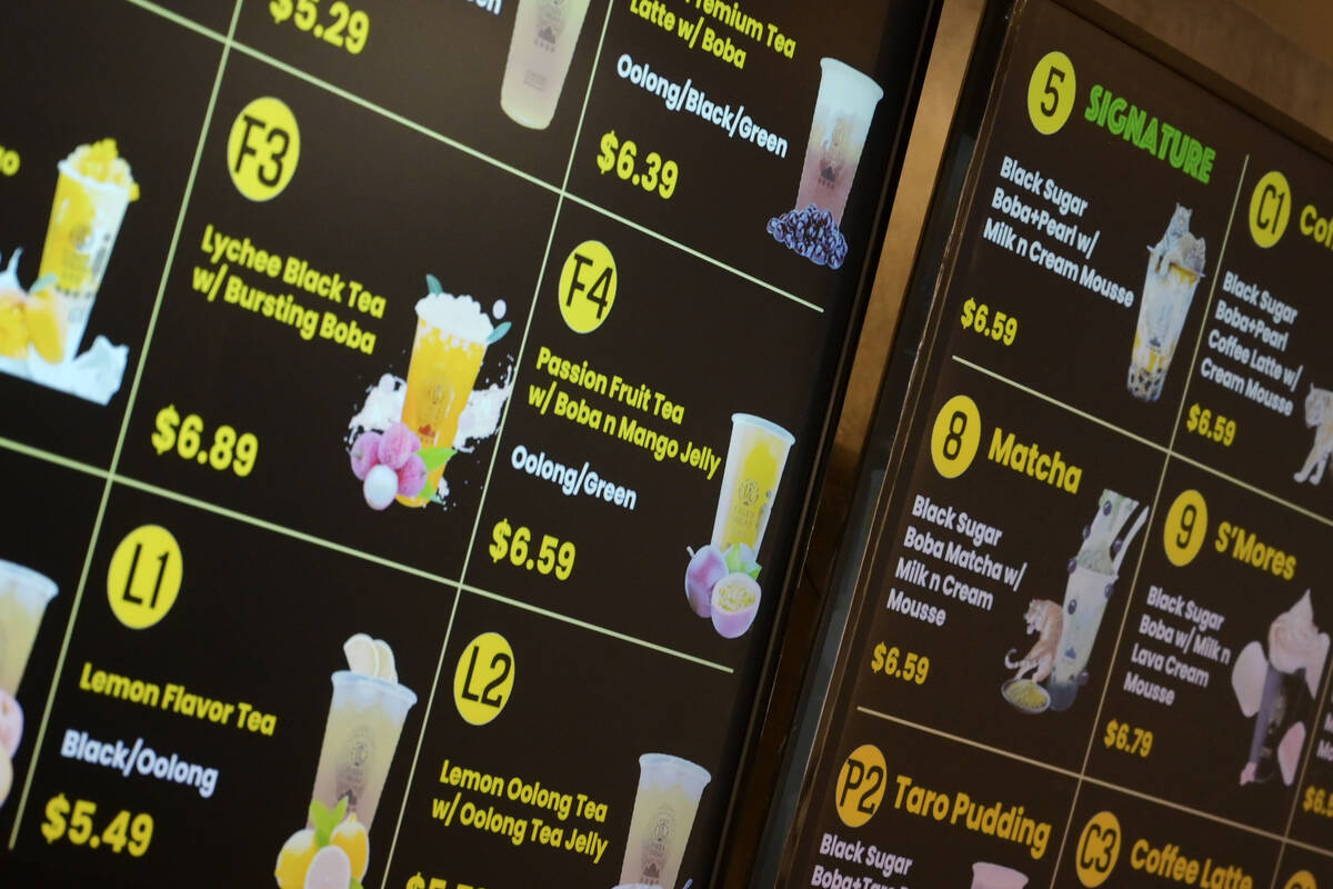 A boba tea menu is seen in the food hall during the grand opening of Las Vegas’ first H Mart ...