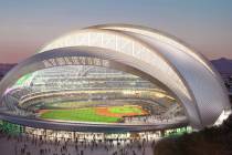 An artist rendering of the Athletics' planned Las Vegas ballpark shown during a March 6, 2025, ...