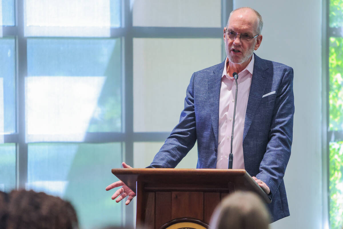 UNLV's Chris Heavey speaks during an event to launch the Rebel Climate Action Plan at the Richa ...