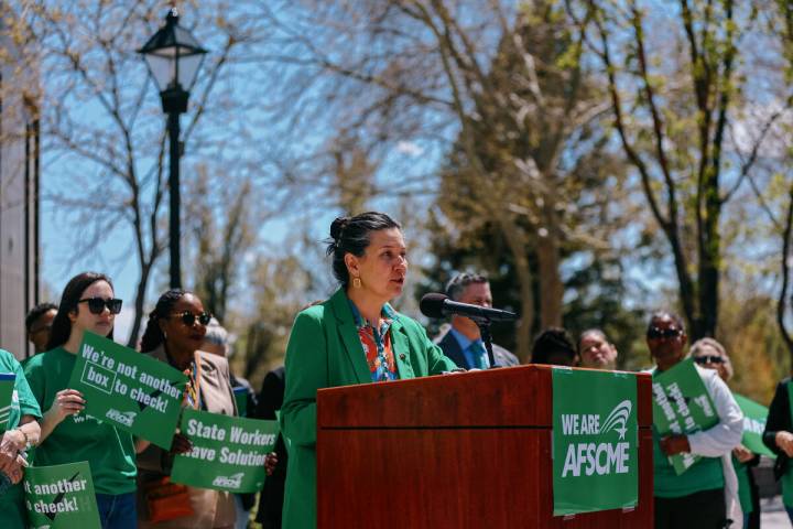 Senator Rochelle Nguyen, D-Las Vegas, speaks at an AFSCME rally outside the Nevada State Capito ...