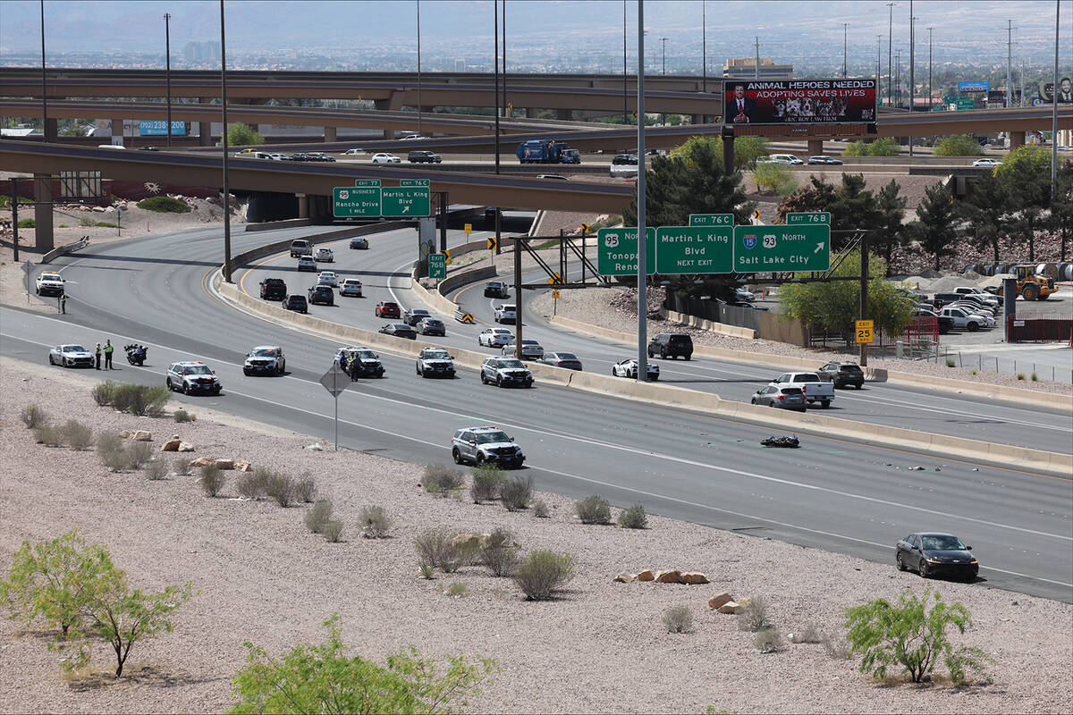Nevada Highway Patrol investigates a fatal crash involving a motorcycle on the I-11 in downtown ...