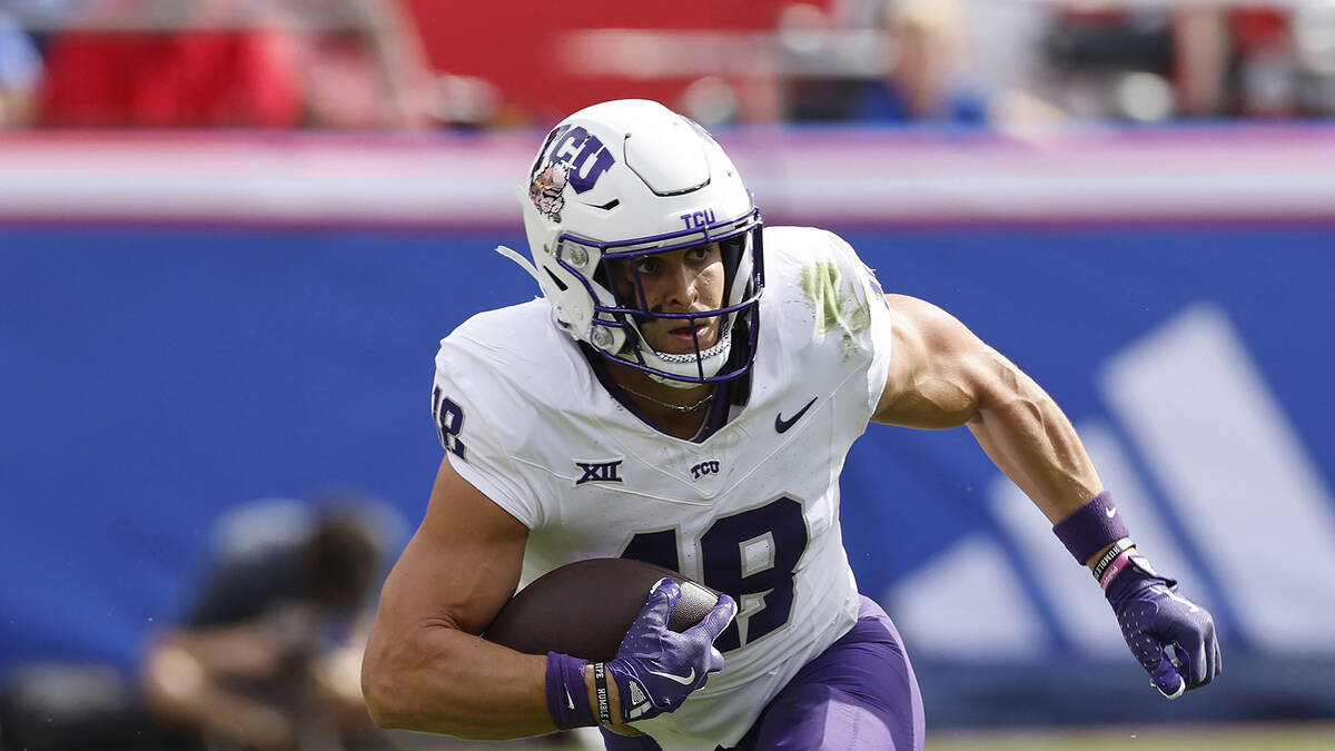 TCU wide receiver Jack Bech (18) during an NCAA football game on Saturday, Sept. 28, 2024, in K ...