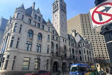 Traffic passes the Federal courthouse in Milwaukee on Friday, April 25, 2025. (AP Photo/Devi S ...