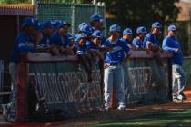 Bishop Gorman players watch game action from the dugout during a baseball game between Desert O ...