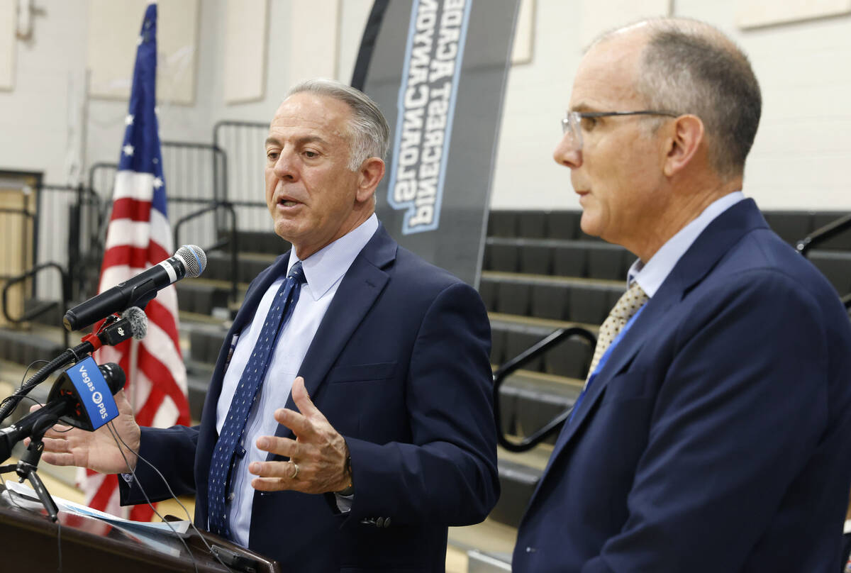 Gov. Joe Lombardo presents his education bill at a press conference as Interim Superintendent o ...