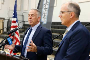 Gov. Joe Lombardo presents his education bill at a press conference as Interim Superintendent o ...