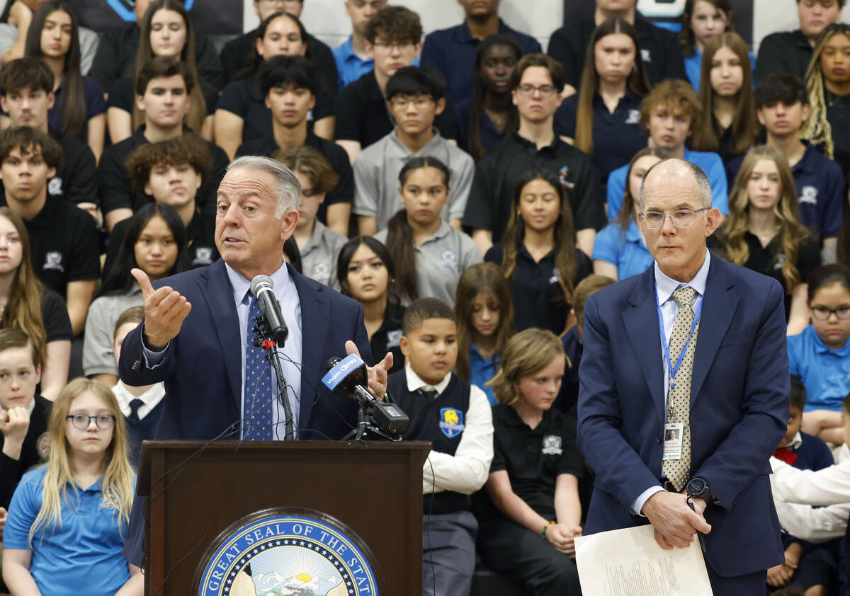 Gov. Joe Lombardo presents his education bill at a press conference as Interim Superintendent o ...