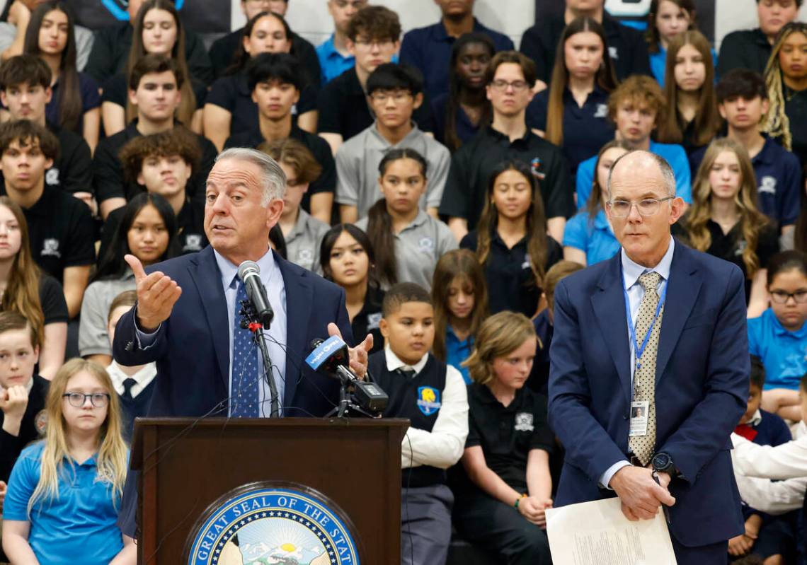 Gov. Joe Lombardo presents his education bill at a press conference as Interim Superintendent o ...