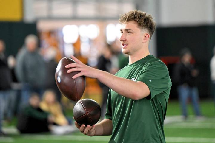 North Dakota State quarterback Cam Miller takes part in the school's NFL football pro day, Thur ...