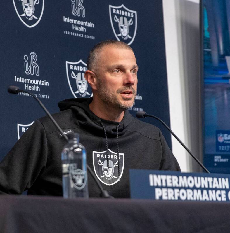 Raiders general manager John Spytek answers questions during a news conference following the se ...