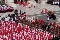 The coffin of Pope Francis is carried into St Peter's Square for his funeral, at the Vatican, S ...