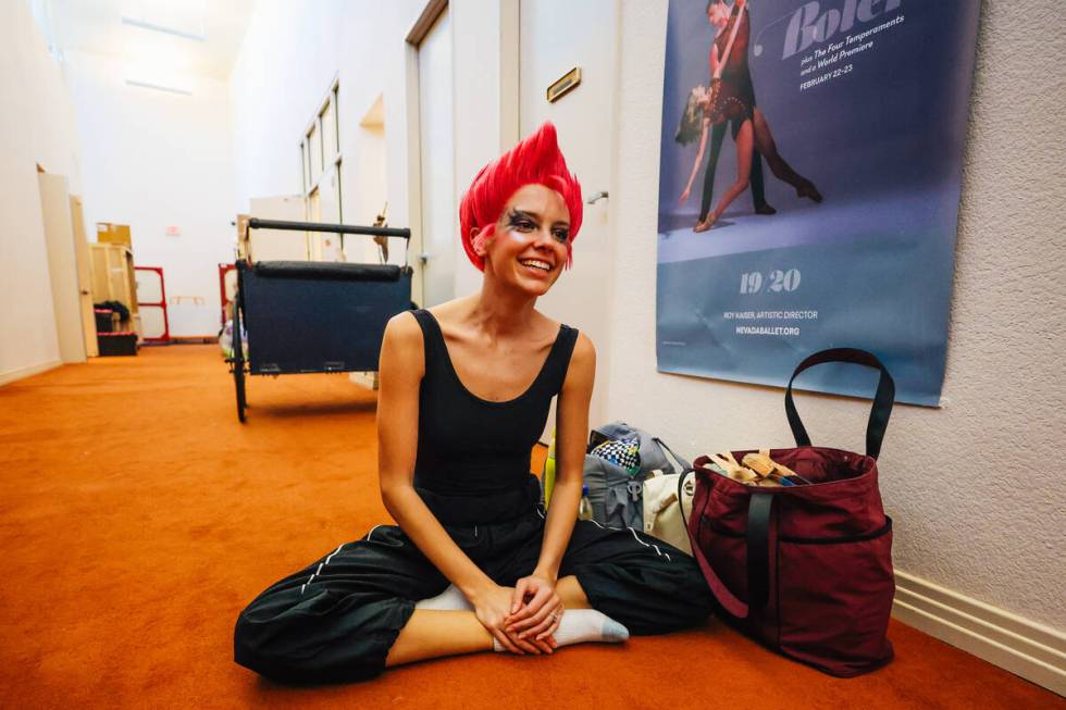 Mallory Sweeney sits in her costume makeup and wig before a dress rehearsal for “Peter P ...