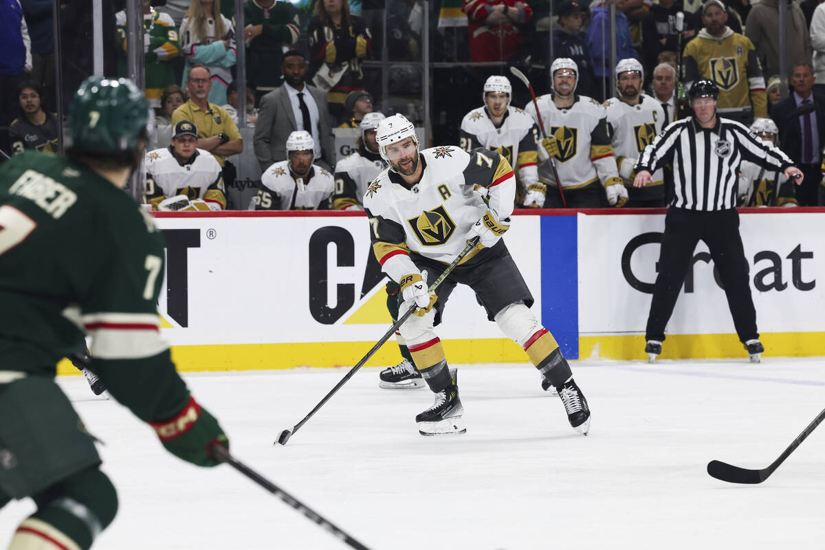 Vegas Golden Knights defenseman Alex Pietrangelo (7) handles the puck against the Minnesota Wil ...