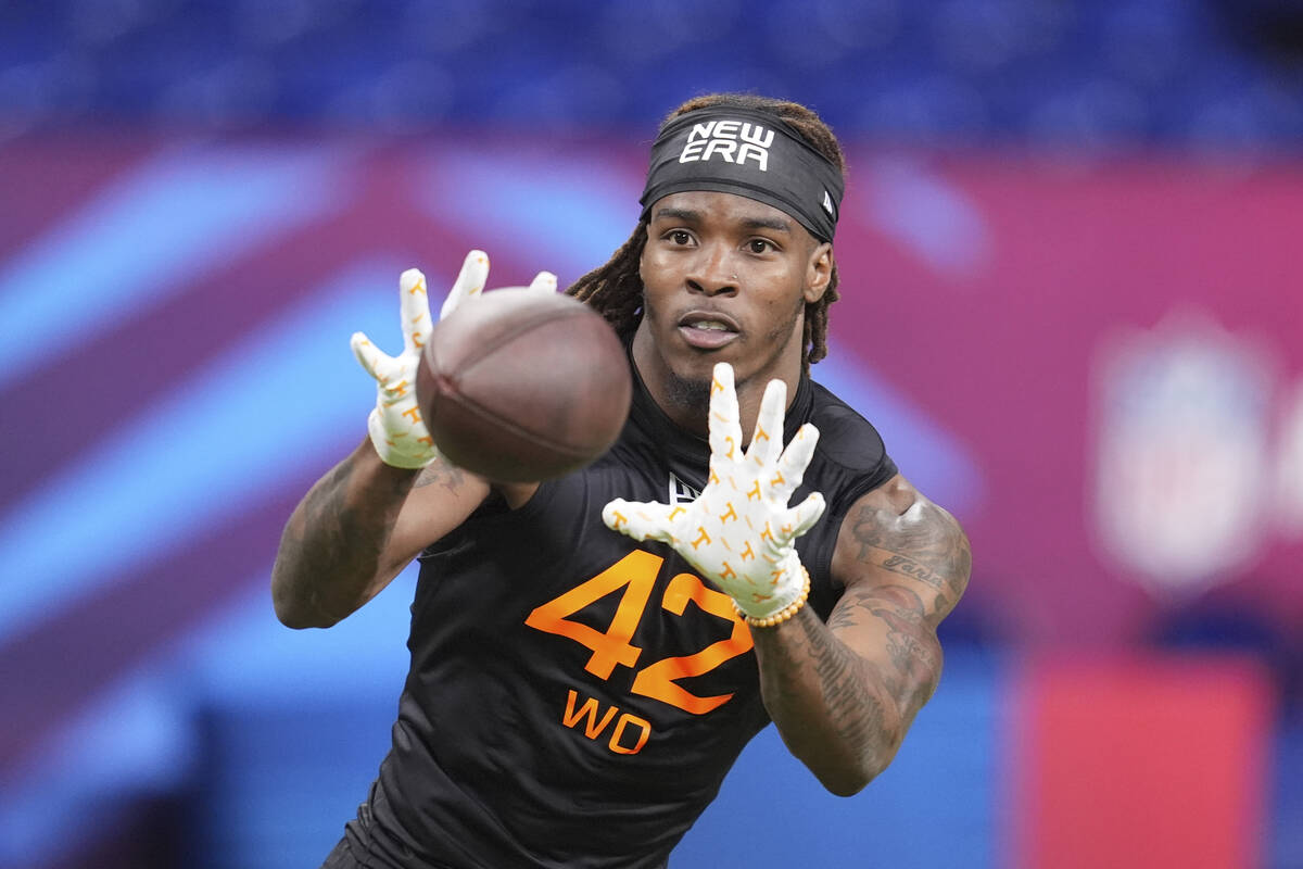 Tennessee wide receiver Dont'e Thornton Jr. runs a drill at the NFL football scouting combine i ...