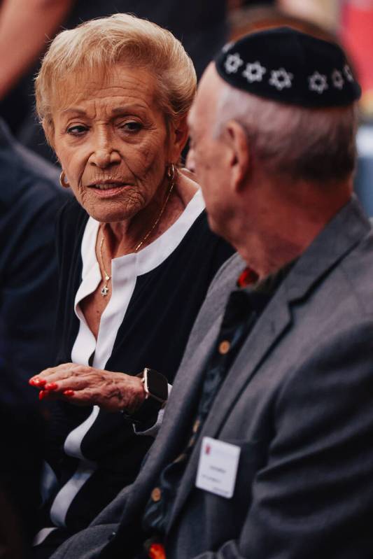 Jackie Beer, a Holocaust survivor, speaks during a Yom HaShoah community remembrance at Congreg ...