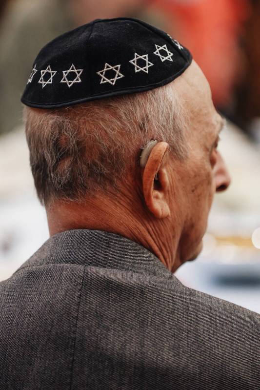 A kippah with the Star of David is seen during a Yom HaShoah community remembrance at Congregat ...