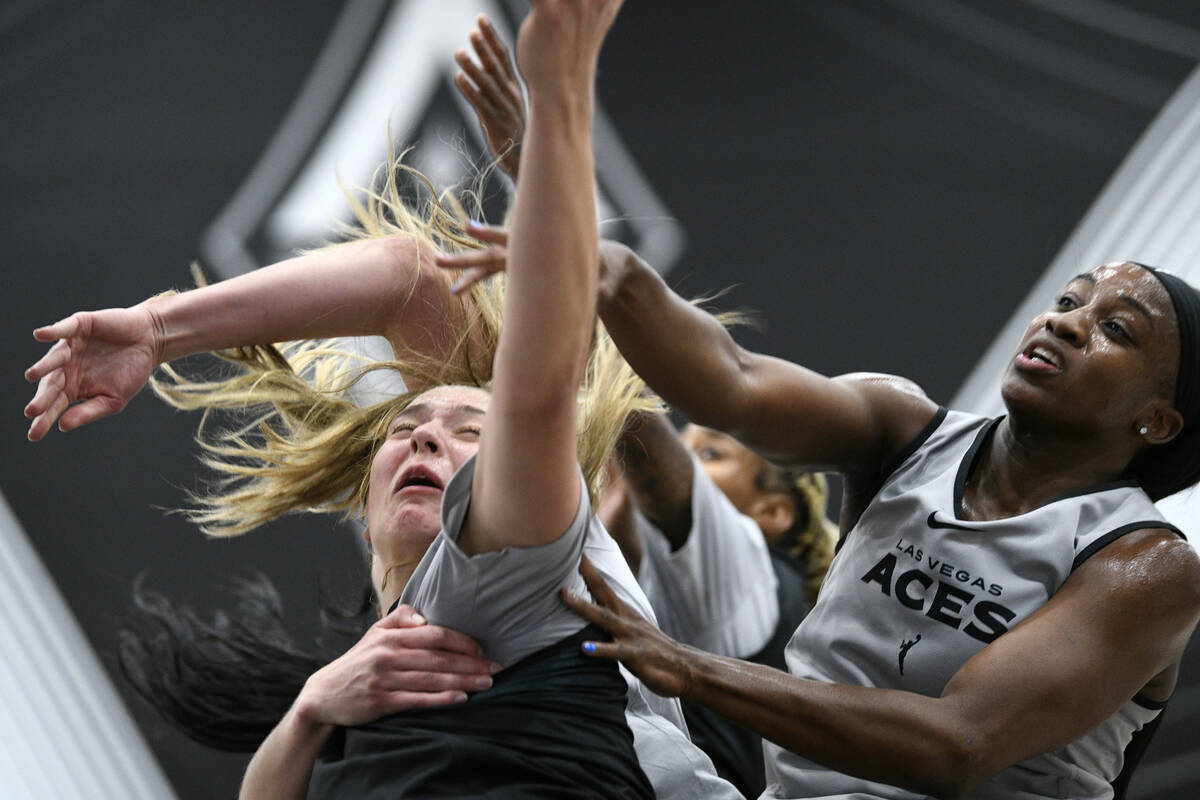 Jackie Young, right, defends Elizabeth Kitley during the Aces first day of training camp Sunday ...