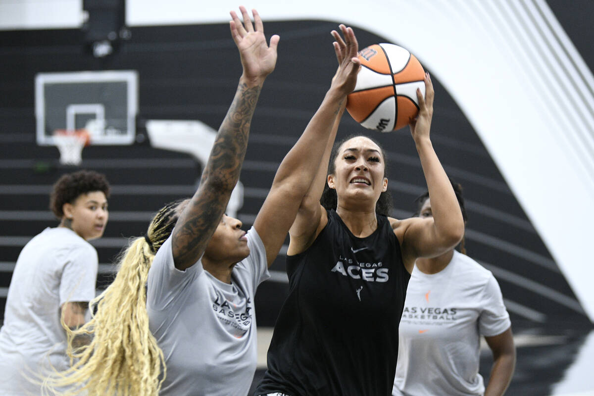 Tiffany Mitchell defends Aaliyah Nye during the Aces first day of training camp Sunday, April 2 ...