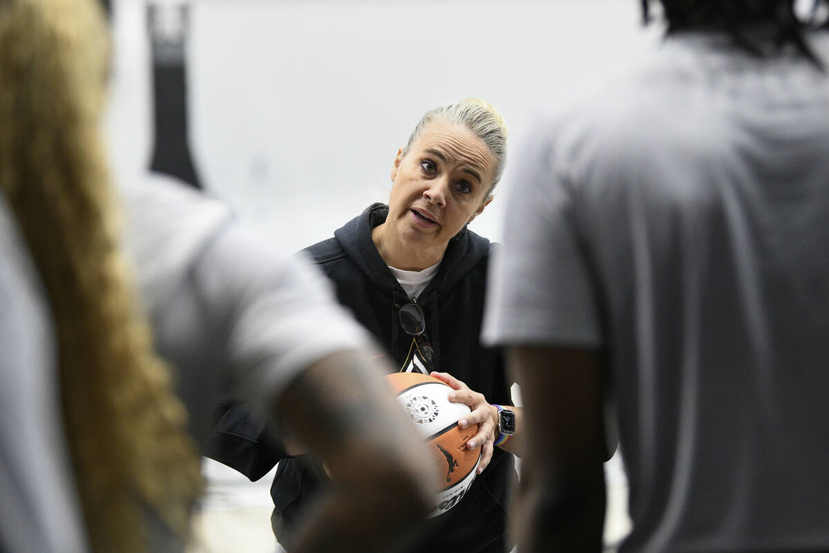Las Vegas Aces head coach Becky Hammon talks to her players during the Aces first day of traini ...