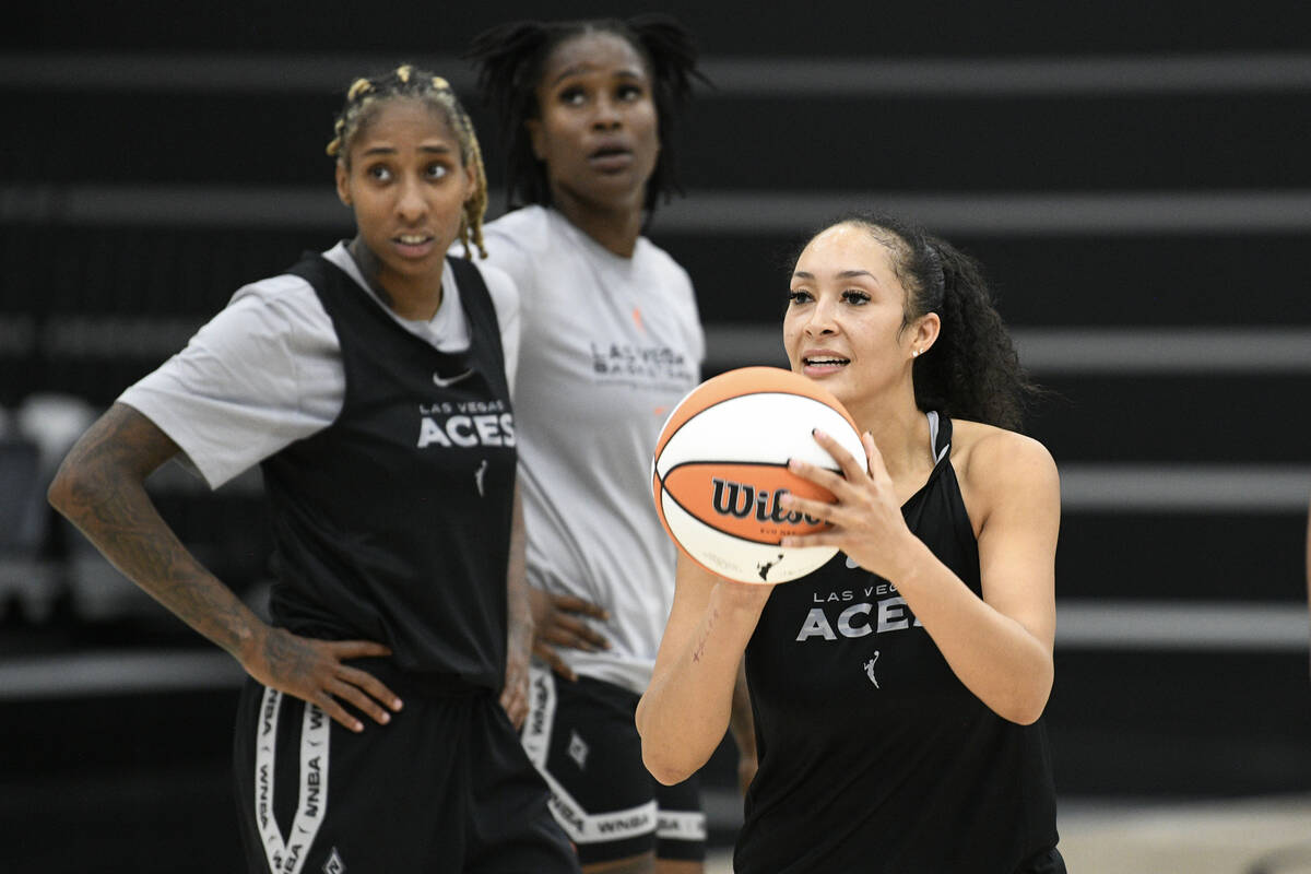 Aaliyah Nye takes a shot during the Las Vegas Aces first day of training camp Sunday, April 27, ...