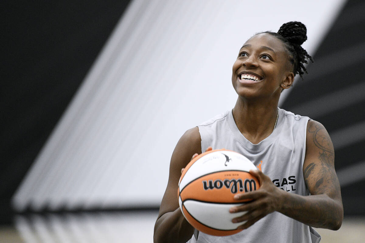 Jewell Loyd takes a shot during the Las Vegas Aces first day of training camp Sunday, April 27, ...