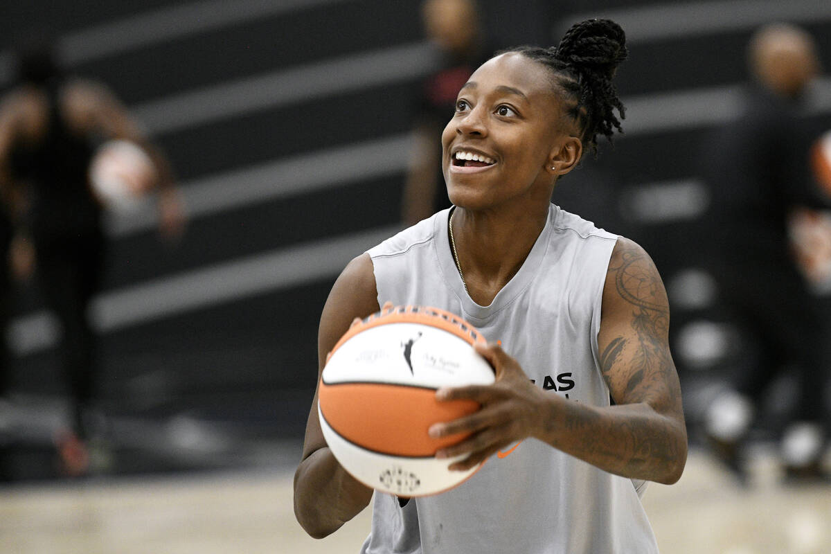 Jewell Loyd takes a shot during the Las Vegas Aces first day of training camp Sunday, April 27, ...