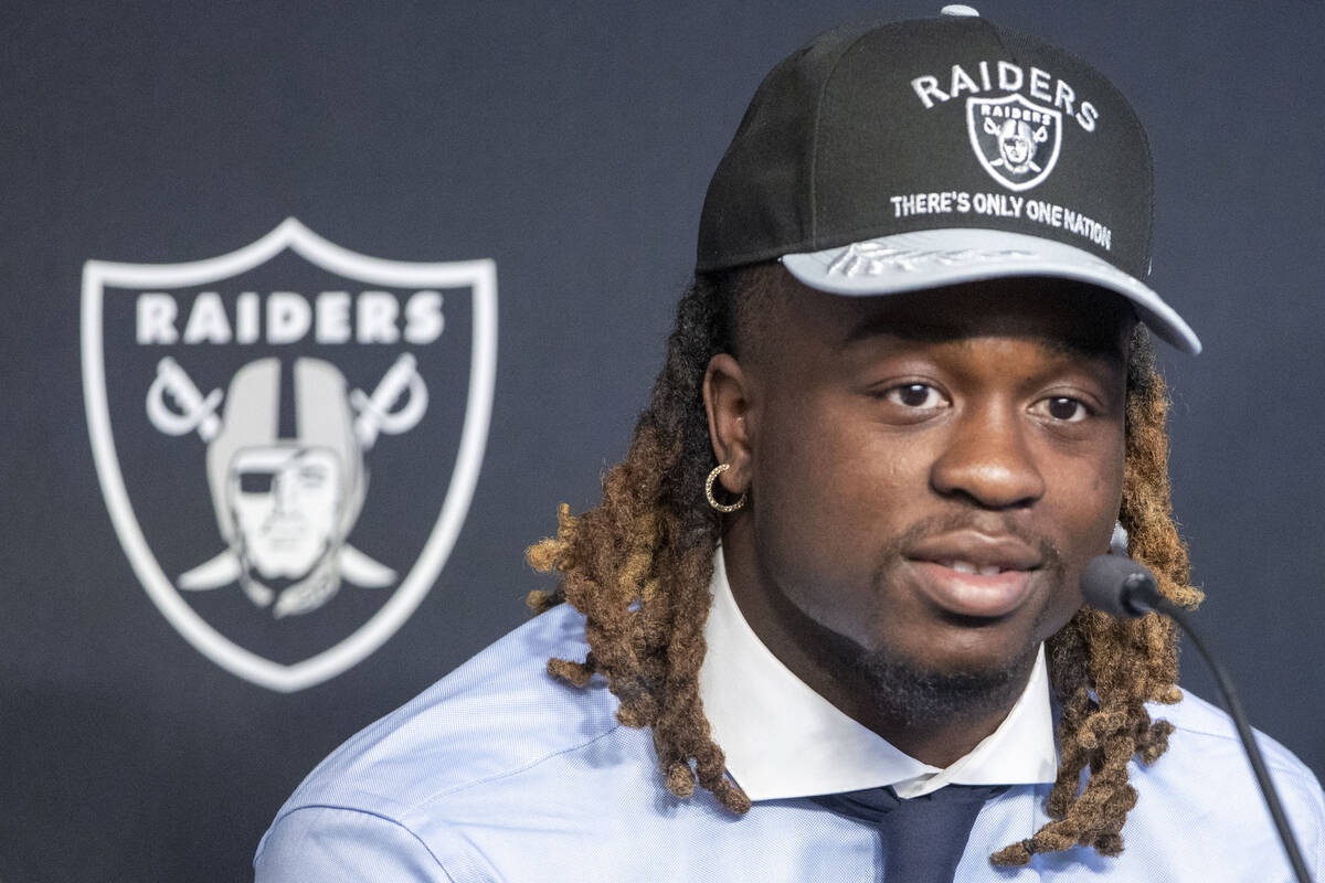 Raiders running back Ashton Jeanty is introduced during a news conference at the Intermountain ...