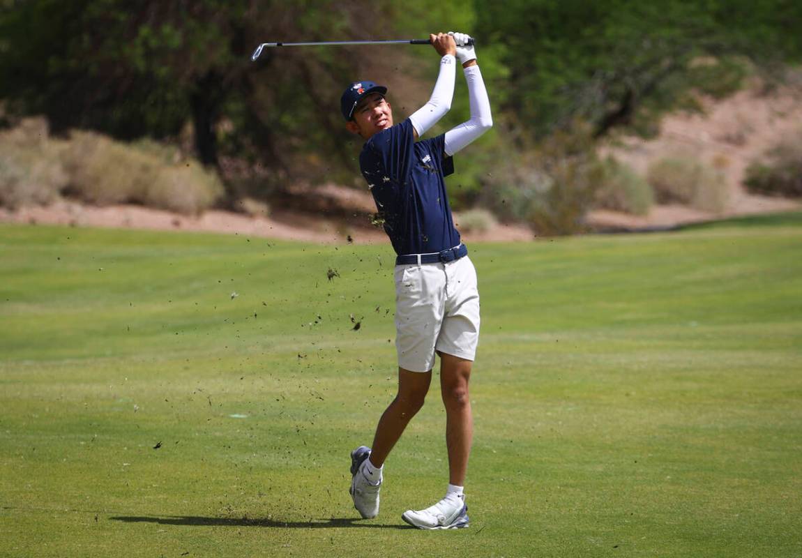 Coronado’s Brent Chung hits a fairway shot during a 5A Desert League boys golf match at Refle ...