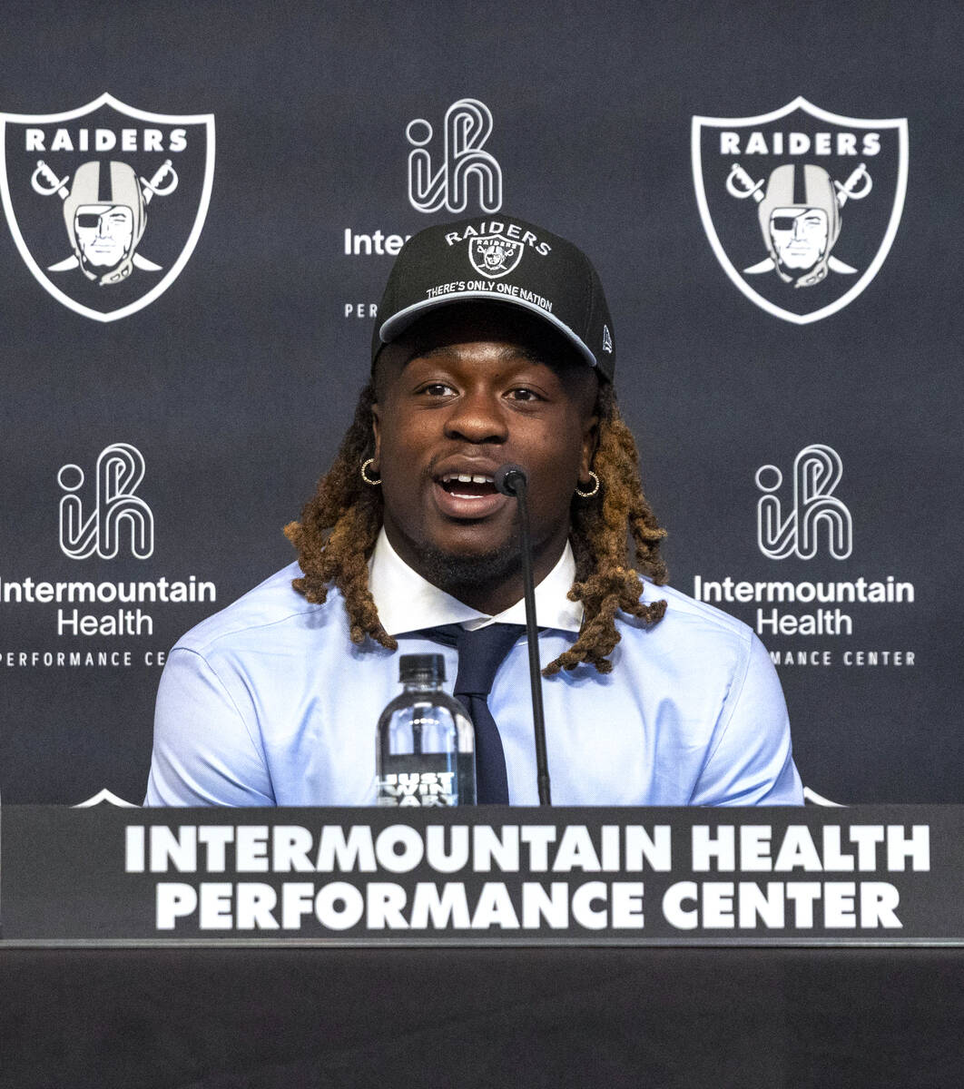 Raiders running back Ashton Jeanty answers questions from media during a news conference at the ...