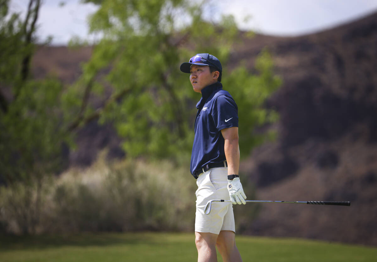 Coronado’s Anderson Lee looks on during a 5A Desert League boys golf match at Reflection ...