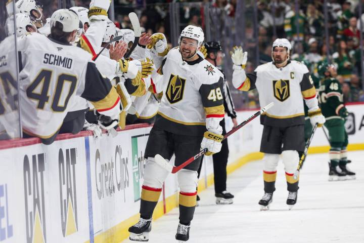 Vegas Golden Knights center Tomas Hertl (48) celebrates with teammates after scoring a goal aga ...