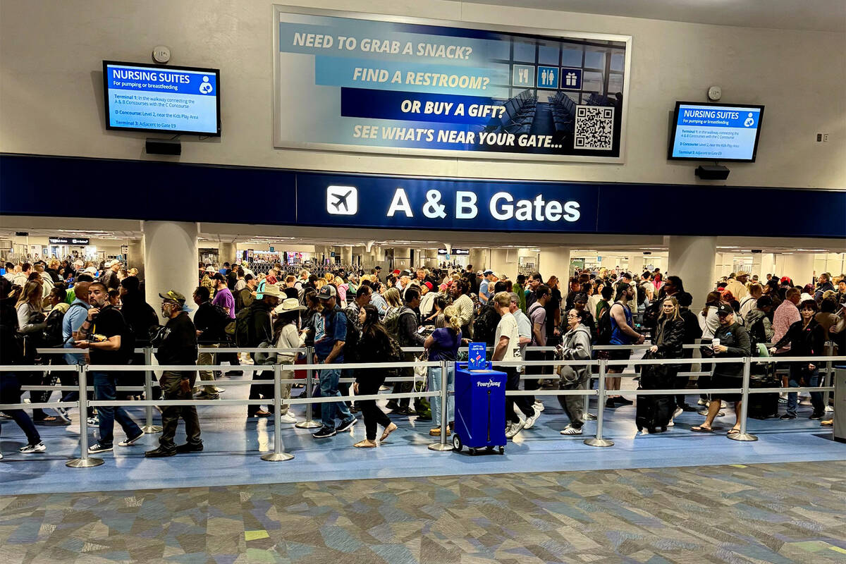Travelers wait in long TSA lines at Harry Reid International Airport in Las Vegas on April 28, ...