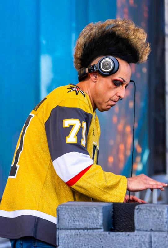 DJ Michael Toast pumps up the crowd outside before game five of the Golden Knights against the ...