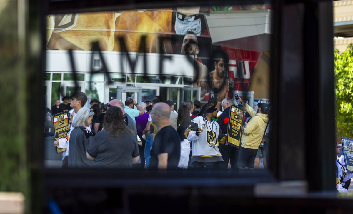 Golden Knights fans gather outside before game five against the Minnesota Wild in the Stanley C ...